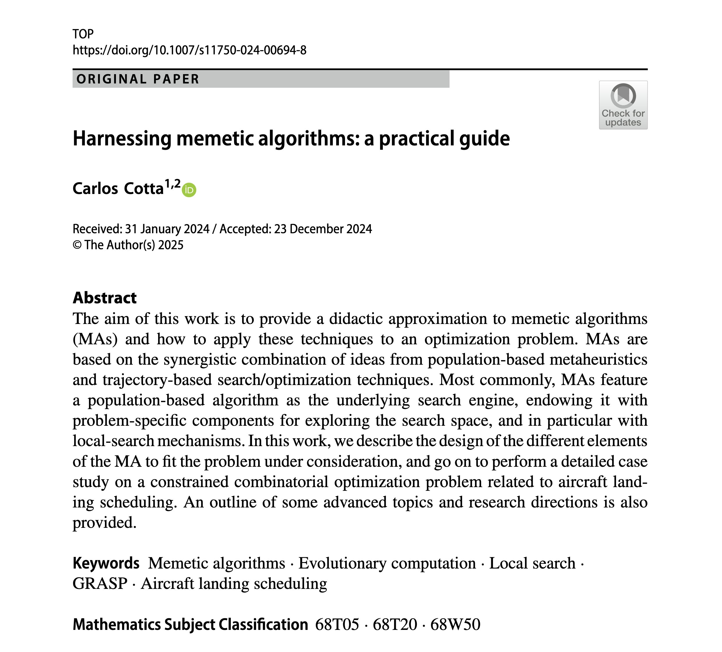 Cotta, C. Harnessing memetic algorithms: a practical guide. TOP (2025). https://doi.org/10.1007/s11750-024-00694-8